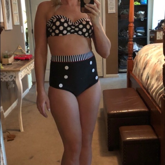 Black/white polka dot high waisted bikini swim - Picture 2 of 7